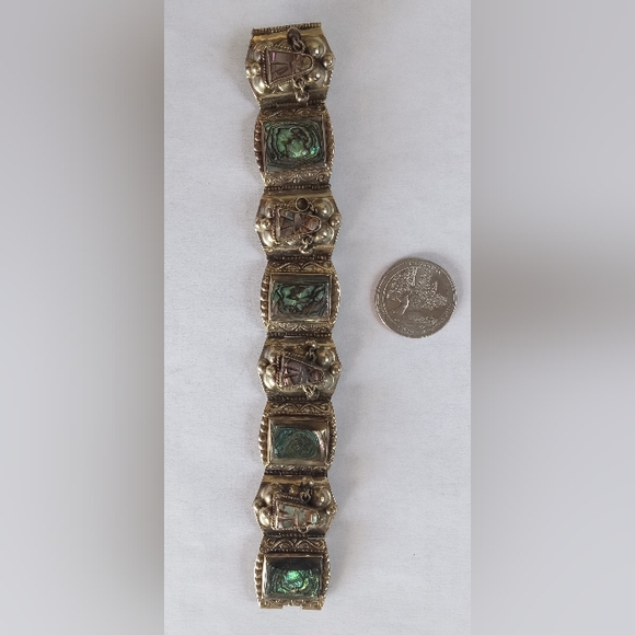 Sterling Silver Aztec Mexico Taxco Multi Link Abalone Shell Vintage Bracelet - Picture 7 of 12